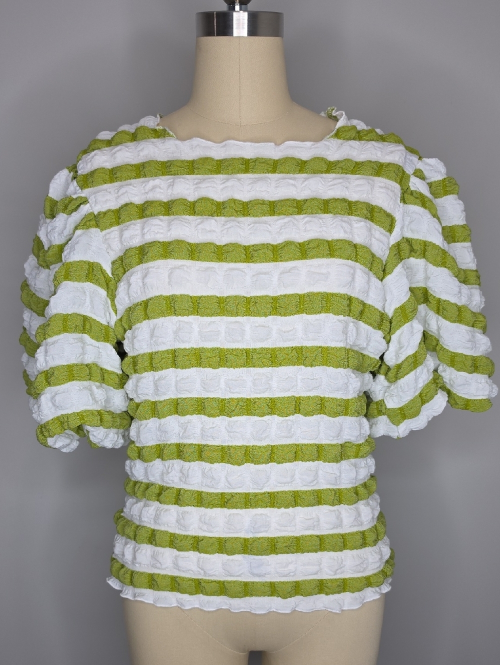 Kaktus Striped Puff-Sleeve Top Medium Lime & White